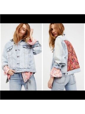 Free People Light Blue Washed Denim Jacket with paisley Accent